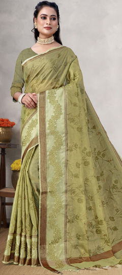 Green color Saree in Silk fabric with Printed work