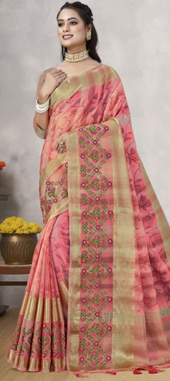 Pink and Majenta color Saree in Silk fabric with Printed work