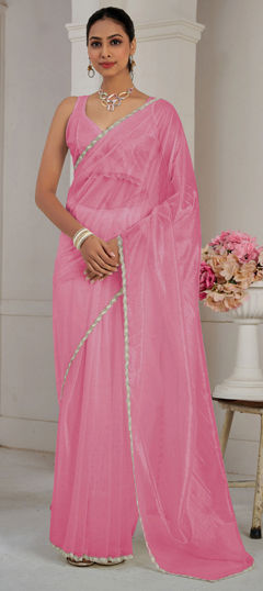 Pink and Majenta color Saree in Organza Silk fabric with Lace, Stone work