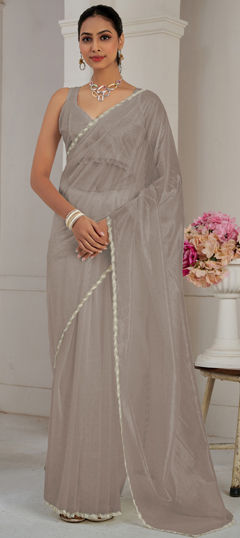 Black and Grey color Saree in Organza Silk fabric with Lace, Stone work