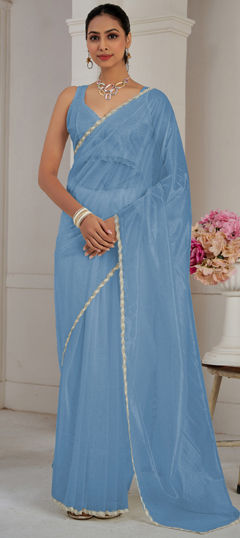 Blue color Saree in Organza Silk fabric with Lace, Stone work