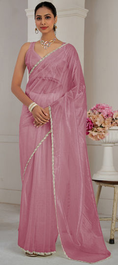 Purple and Violet color Saree in Organza Silk fabric with Lace, Stone work