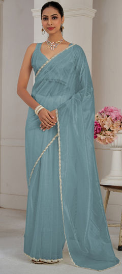 Blue color Saree in Organza Silk fabric with Lace, Stone work