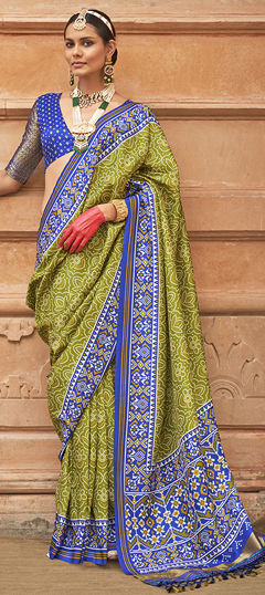 Green color Saree in Silk fabric with Printed work