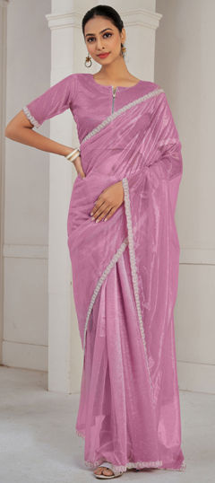 Pink and Majenta color Saree in Organza Silk fabric with Lace work