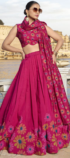 Pink and Majenta color Lehenga in Tussar Silk fabric with Floral, Printed work