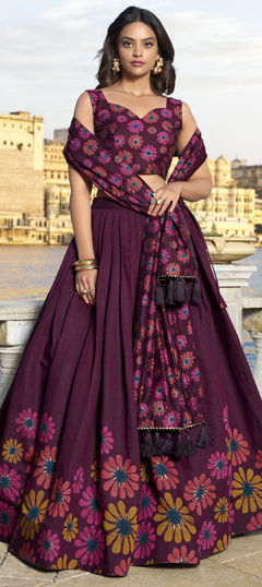 Purple and Violet color Lehenga in Tussar Silk fabric with Floral, Printed work