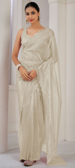 White and Off White color Saree in Organza Silk fabric with Lace work