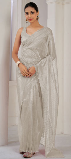 White and Off White color Saree in Organza Silk fabric with Lace work