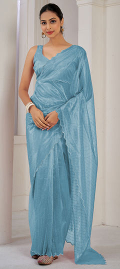 Blue color Saree in Organza Silk fabric with Lace work