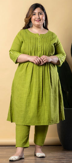 Green color Salwar Kameez in Cotton fabric with Pleats work