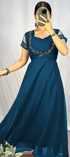 Green color Gown in Georgette, Organza Silk fabric with Bugle Beads work