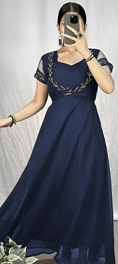 Blue color Gown in Georgette, Organza Silk fabric with Bugle Beads work