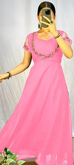 Pink and Majenta color Gown in Georgette, Organza Silk fabric with Bugle Beads work