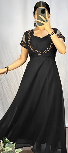 Black and Grey color Gown in Georgette, Organza Silk fabric with Bugle Beads work