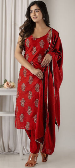 Red and Maroon color Salwar Kameez in Rayon fabric with Foil Print work