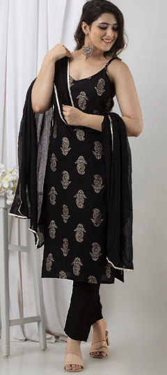 Black and Grey color Salwar Kameez in Rayon fabric with Foil Print work