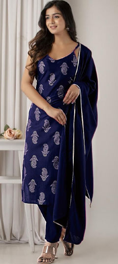 Blue color Salwar Kameez in Rayon fabric with Foil Print work