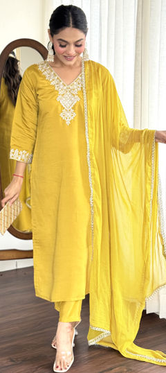 Yellow color Salwar Kameez in Chanderi Silk fabric with Embroidered work