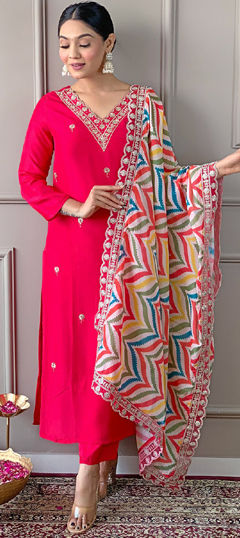 Pink and Majenta color Salwar Kameez in Viscose fabric with Embroidered, Printed work