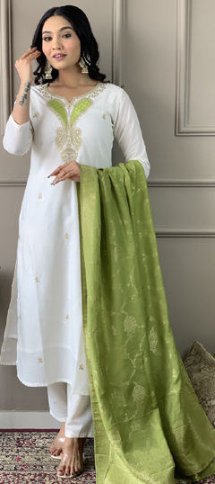 White and Off White color Salwar Kameez in Viscose fabric with Embroidered work