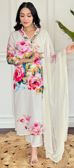 White and Off White color Salwar Kameez in Crepe Silk fabric with Embroidered, Printed work