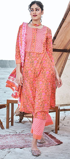 Orange color Salwar Kameez in Cotton fabric with Printed work