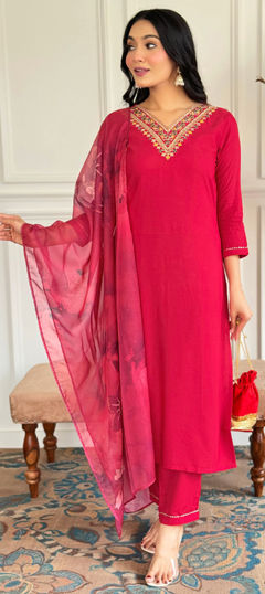Red and Maroon color Salwar Kameez in Rayon fabric with Embroidered, Printed work