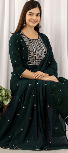 Green color Salwar Kameez in Rayon fabric with Embroidered, Thread work