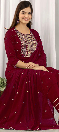 Red and Maroon color Salwar Kameez in Rayon fabric with Embroidered, Thread work