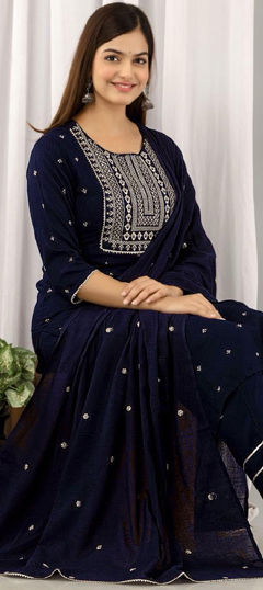 Blue color Salwar Kameez in Rayon fabric with Embroidered, Thread work