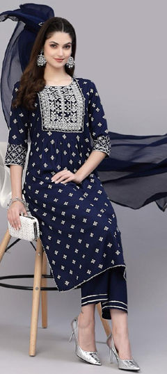 Blue color Salwar Kameez in Rayon fabric with Embroidered, Foil Print work