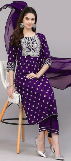 Purple and Violet color Salwar Kameez in Rayon fabric with Embroidered, Foil Print work