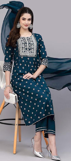 Blue color Salwar Kameez in Rayon fabric with Embroidered, Foil Print work