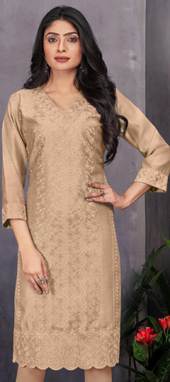 Beige and Brown color Kurti in Chanderi Silk fabric with Embroidered, Thread work