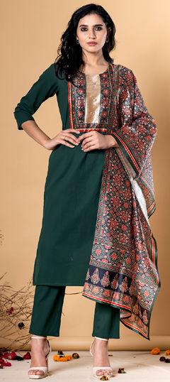 Green color Salwar Kameez in Cotton fabric with Cut Dana, Printed work