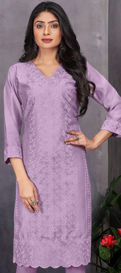 Purple and Violet color Kurti in Chanderi Silk fabric with Embroidered, Thread work