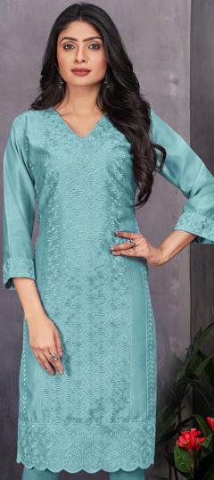 Blue color Kurti in Chanderi Silk fabric with Embroidered, Thread work