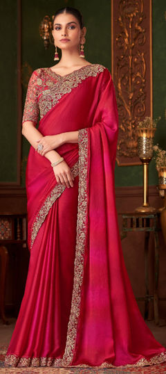 Pink and Majenta color Saree in Chiffon fabric with Border, Embroidered, Thread work