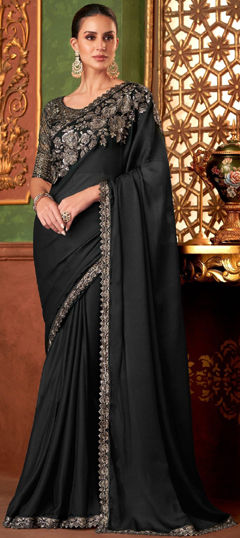 Black and Grey color Saree in Chiffon fabric with Border, Embroidered, Sequence, Thread work