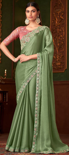 Green color Saree in Satin Silk fabric with Border, Embroidered, Sequence, Thread work