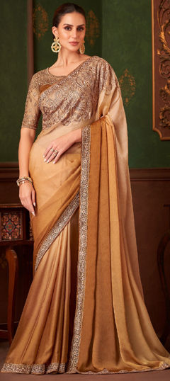 Beige and Brown color Saree in Satin Silk fabric with Border, Embroidered, Sequence, Thread work