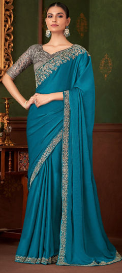 Blue color Saree in Chiffon fabric with Border, Embroidered, Sequence, Thread work