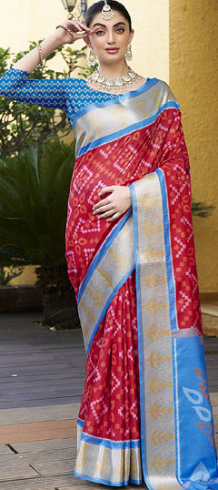 Red and Maroon color Saree in Crepe Silk fabric with Digital Print, Weaving work