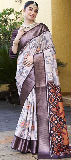 White and Off White color Saree in Crepe Silk fabric with Digital Print, Weaving work