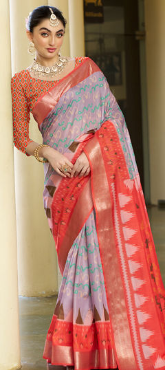 Purple and Violet color Saree in Crepe Silk fabric with Digital Print, Weaving work