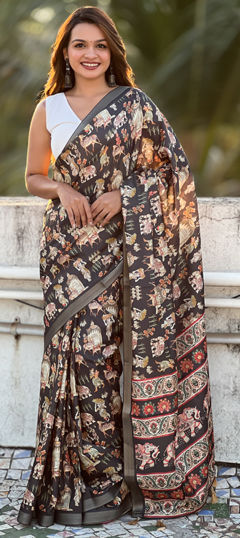 Beige and Brown color Saree in Tussar Silk fabric with Digital Print, Weaving work