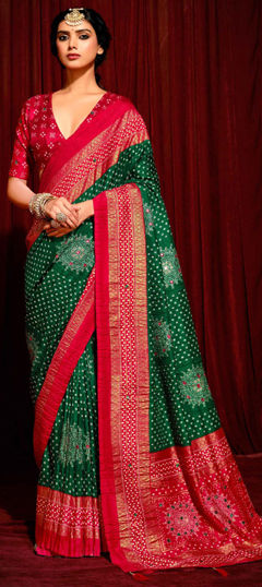 Green color Saree in Satin Silk fabric with Bandhej, Printed, Weaving work