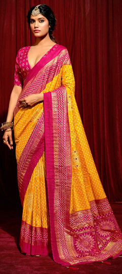 Yellow color Saree in Satin Silk fabric with Bandhej, Printed, Weaving work