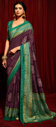 Purple and Violet color Saree in Satin Silk fabric with Bandhej, Printed, Weaving work